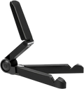 Black foldable tablet phone stand with sleek minimalist design and smooth plastic finish for portable monitor use