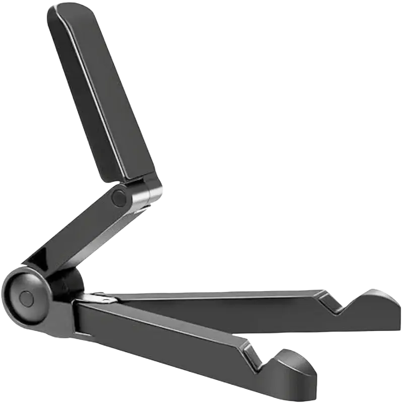 Black foldable tablet phone stand with metallic joints designed as an adjustable portable monitor desk holder