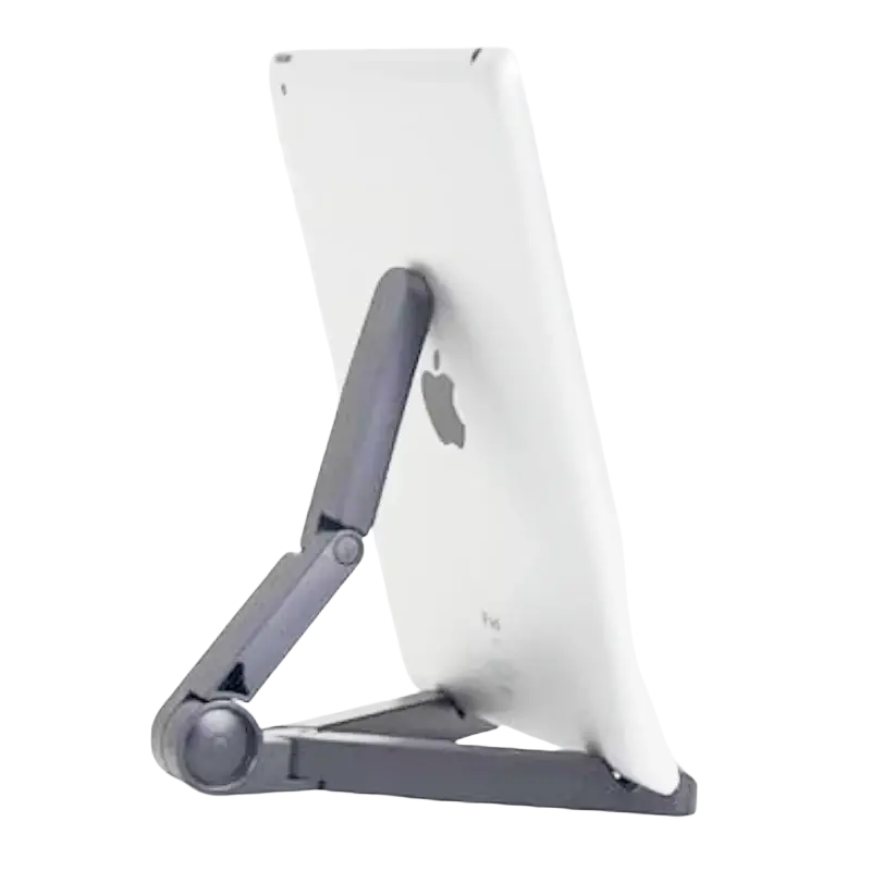 Gray foldable tablet phone stand supporting a white ipad designed as an adjustable portable monitor desk holder