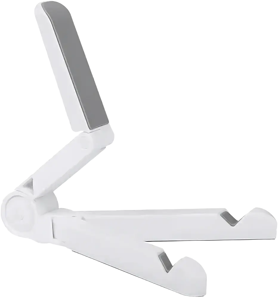 White and gray foldable tablet phone stand with sleek minimalist design for portable monitor and adjustable desk use