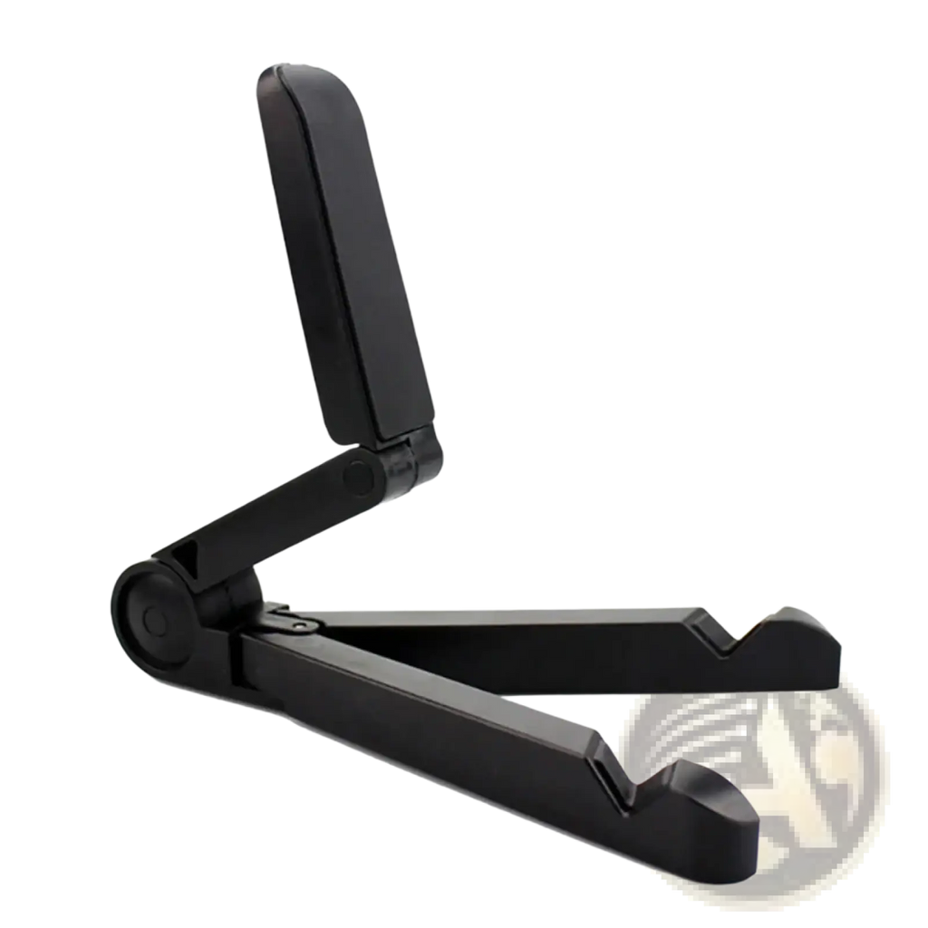 Black foldable phone stand with sleek minimalist design and smooth plastic finish for adjustable desktop use