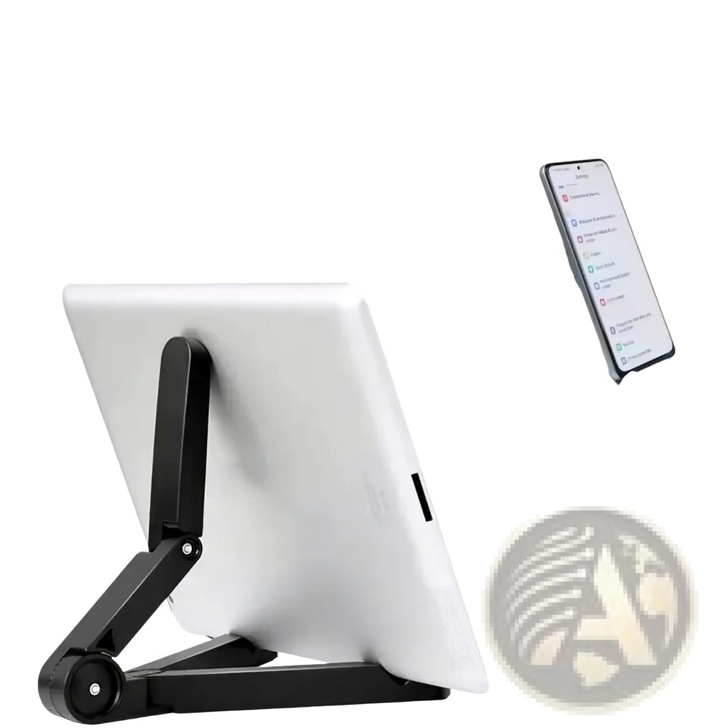 Black foldable phone and tablet stand made of durable material with adjustable desktop mount for versatile use
