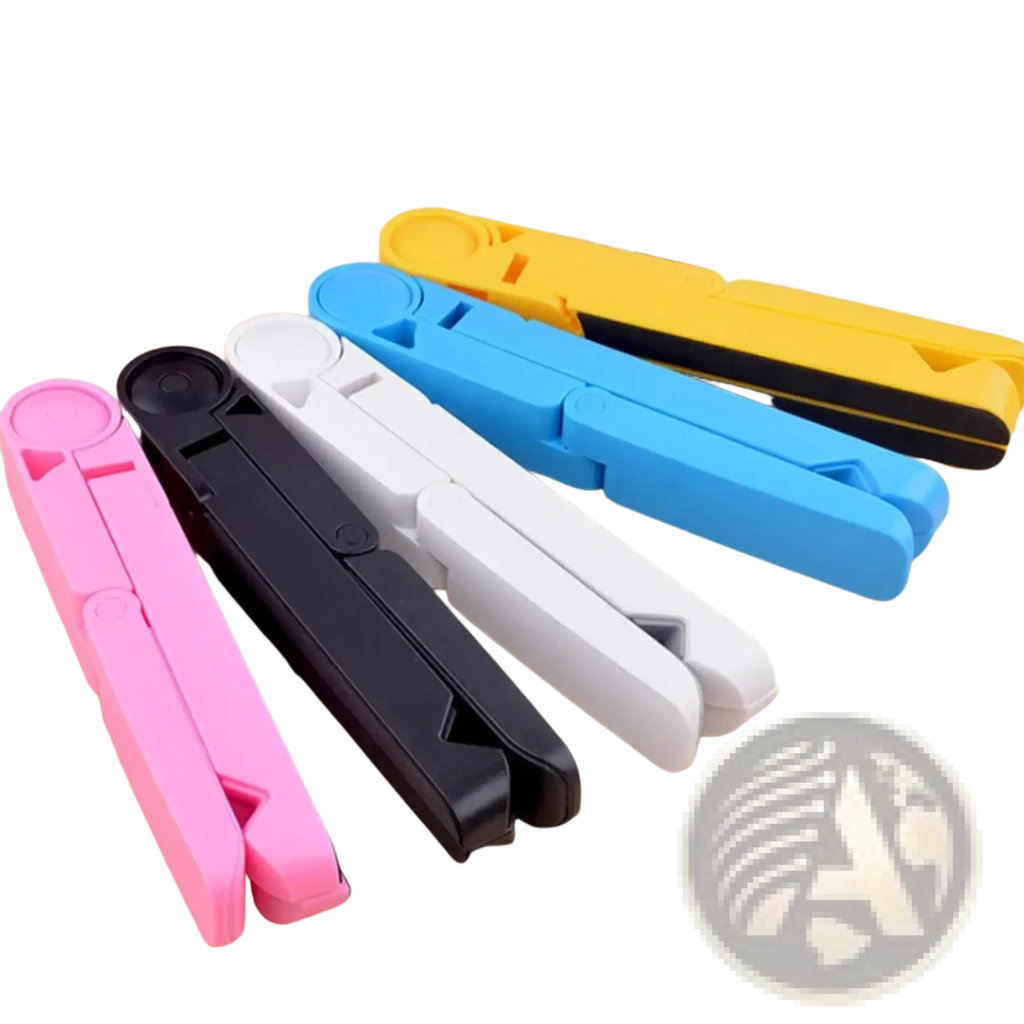 Colorful foldable plastic tablet stands in pink black white blue and yellow with adjustable phone holder for desktop use