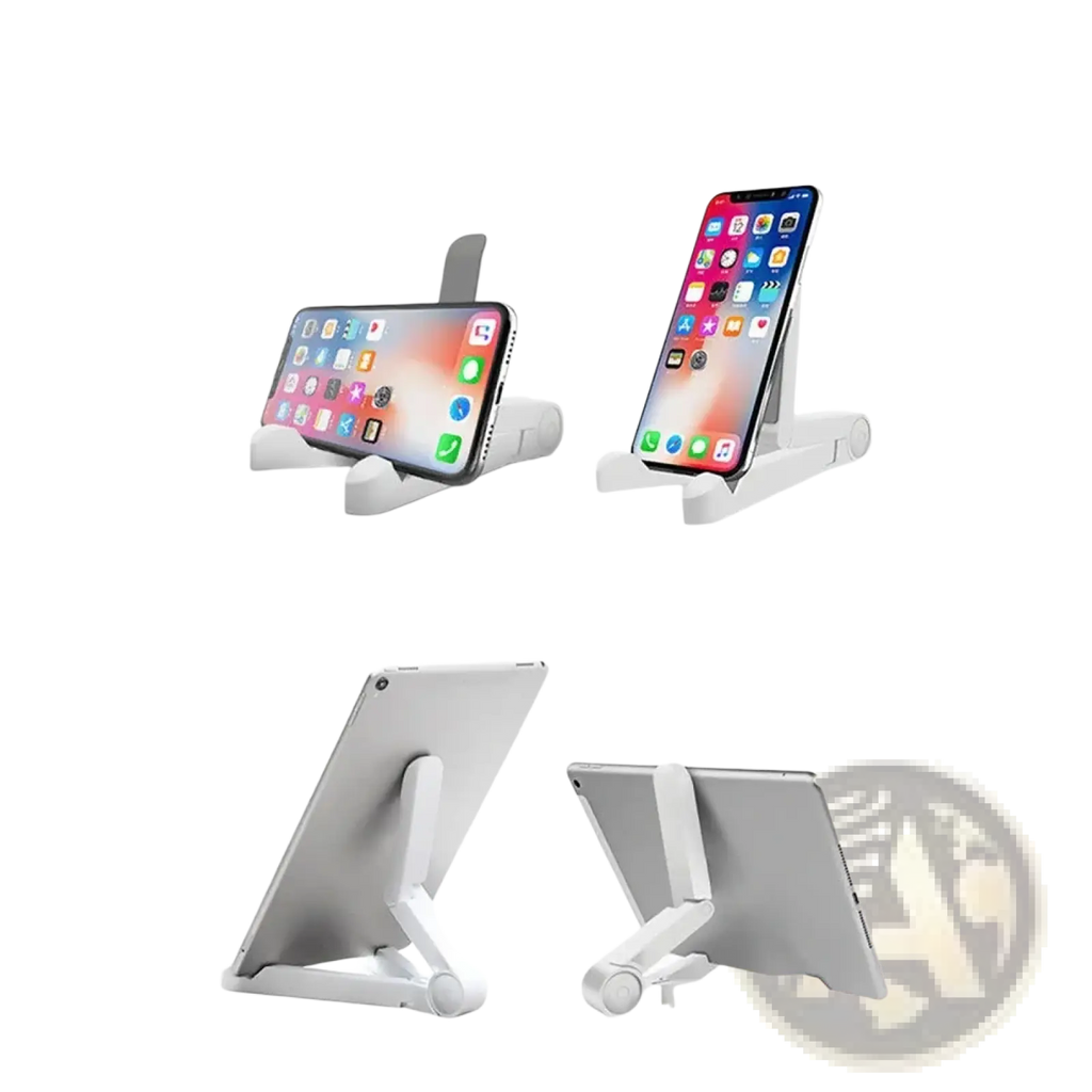 White plastic foldable tablet stand adjustable phone holder with desktop mount for versatile device support