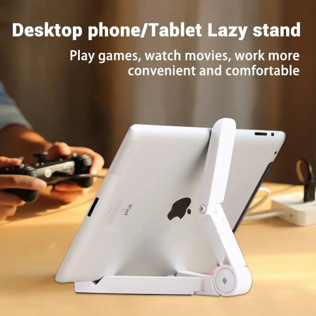 White plastic foldable tablet stand with adjustable phone holder holding a white ipad on a desktop mount