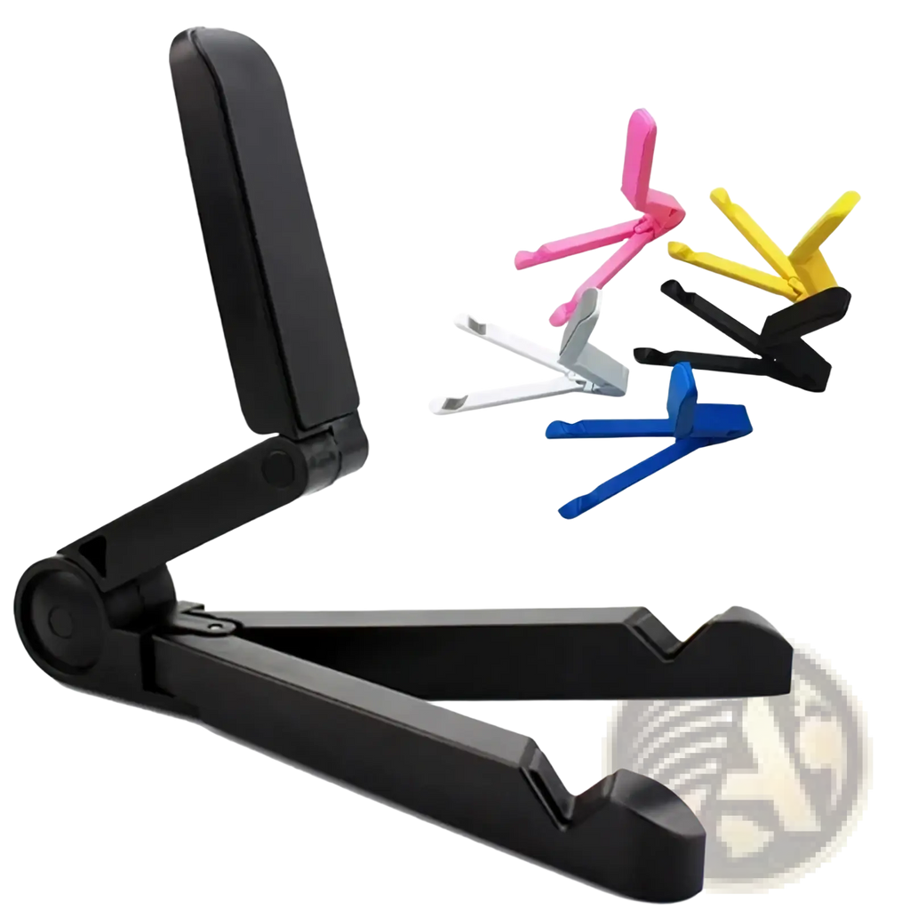 Black plastic foldable tablet stand and phone holder with sleek minimalist design for desktop mount use