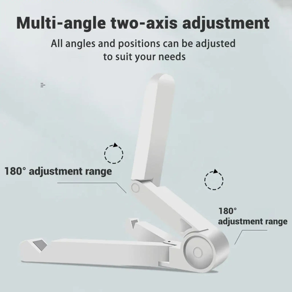 White plastic foldable tablet stand and phone holder with multi-angle two-axis adjustment for desktop use