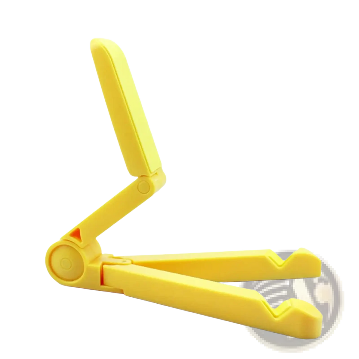 Yellow plastic foldable phone stand designed as a desktop mount for tablets and phones with adjustable angles