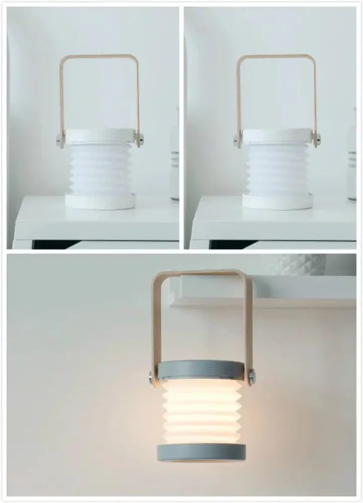 White foldable touch dimmable LED lantern with light gray rim and handle for portable or decorative lighting
