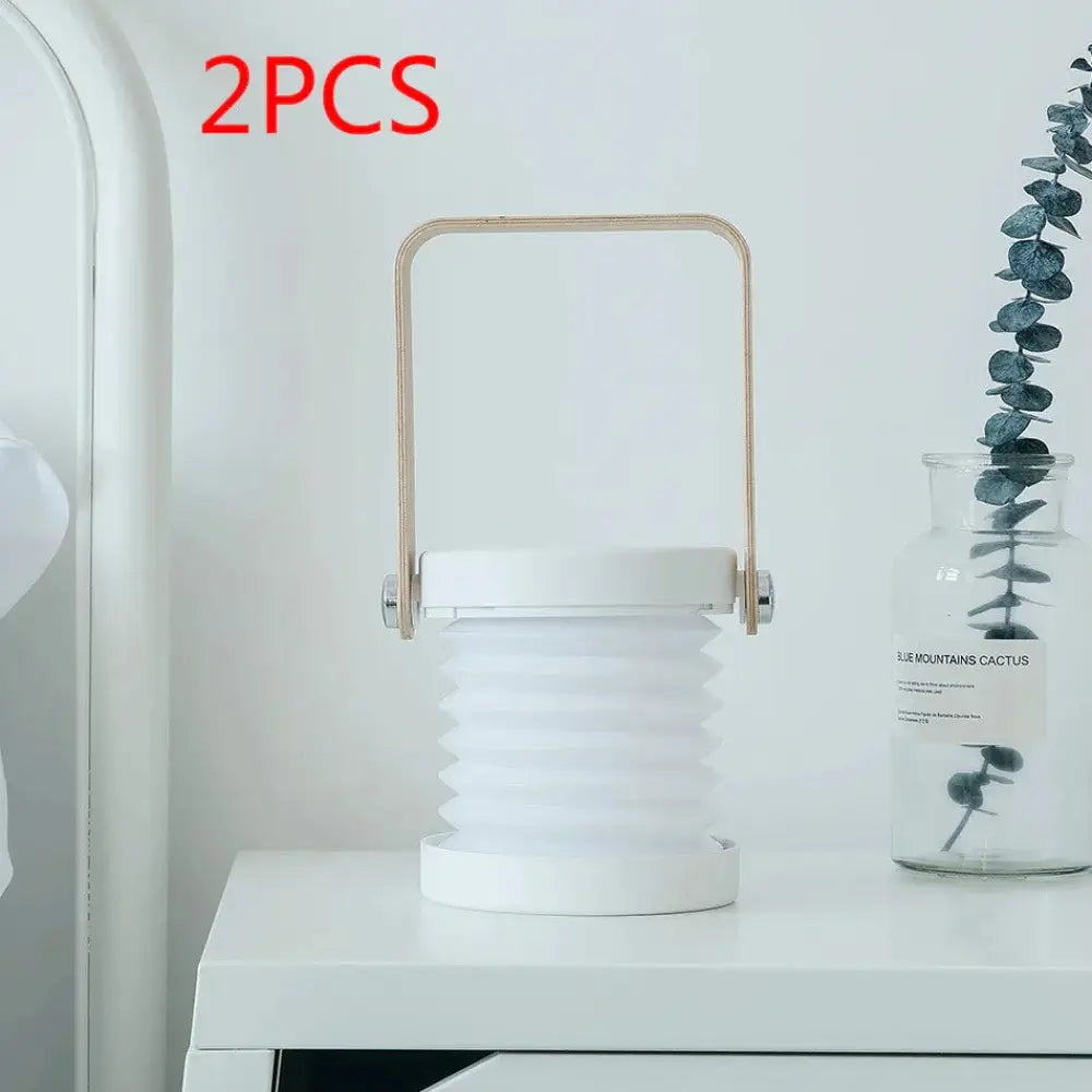 White foldable touch dimmable led lantern with wooden handle collapsible design portable table lamp