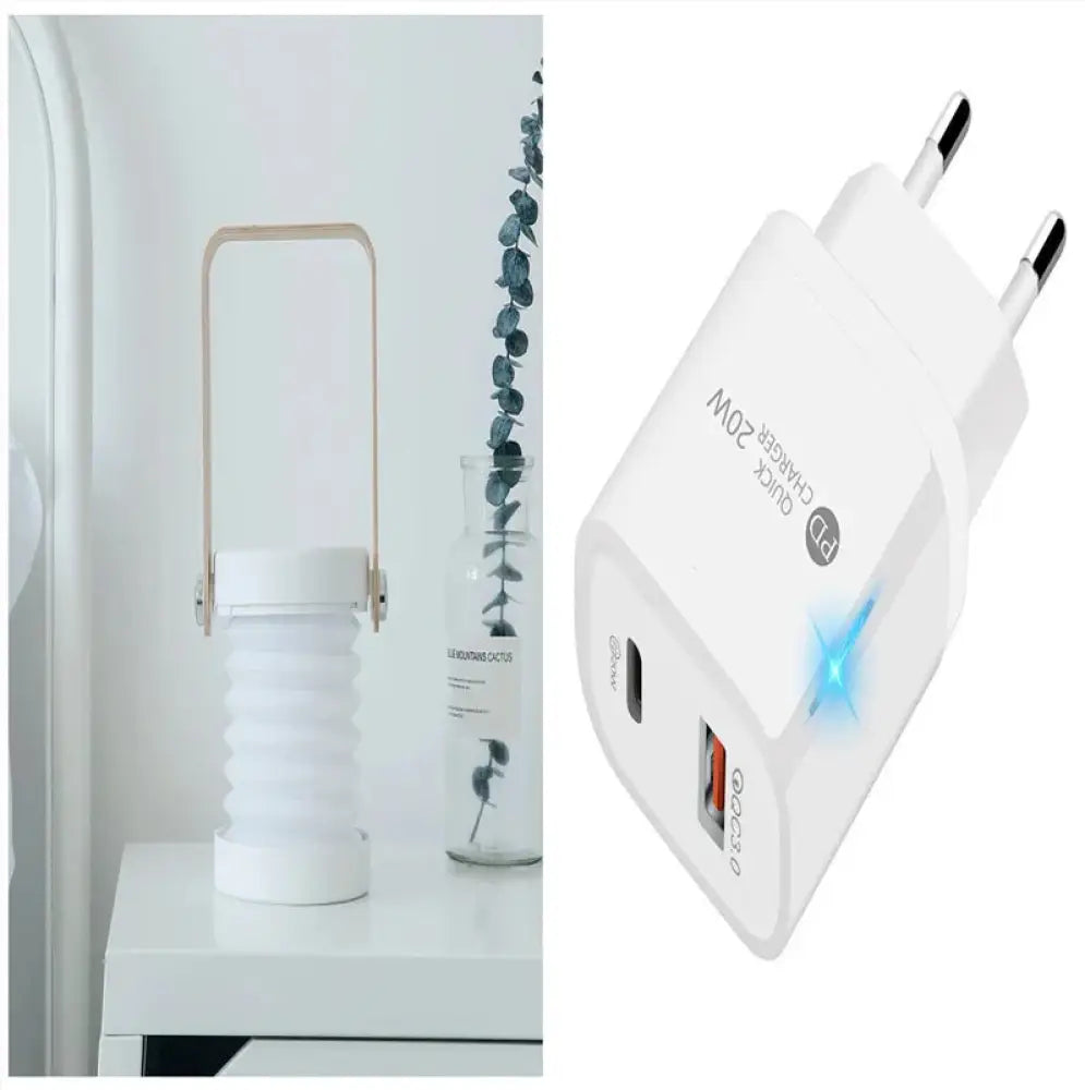 White rectangular usb-c and usb-a wall charger with pd quick charge 20w and blue indicator light for foldable touch dimmable led lantern and portable table lamp