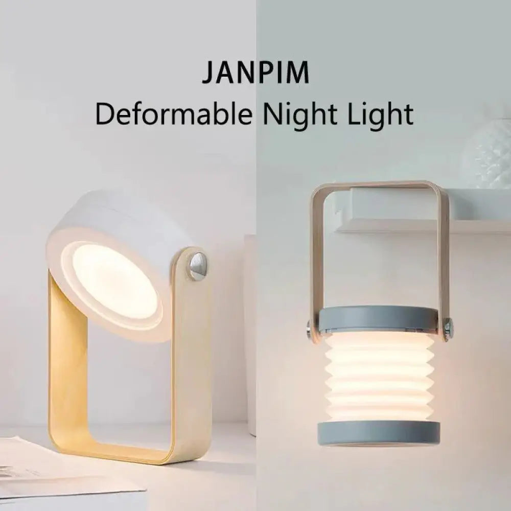 Janpim foldable touch dimmable led lantern and portable table lamp in cream wood and white plastic or matte gray with metal handle