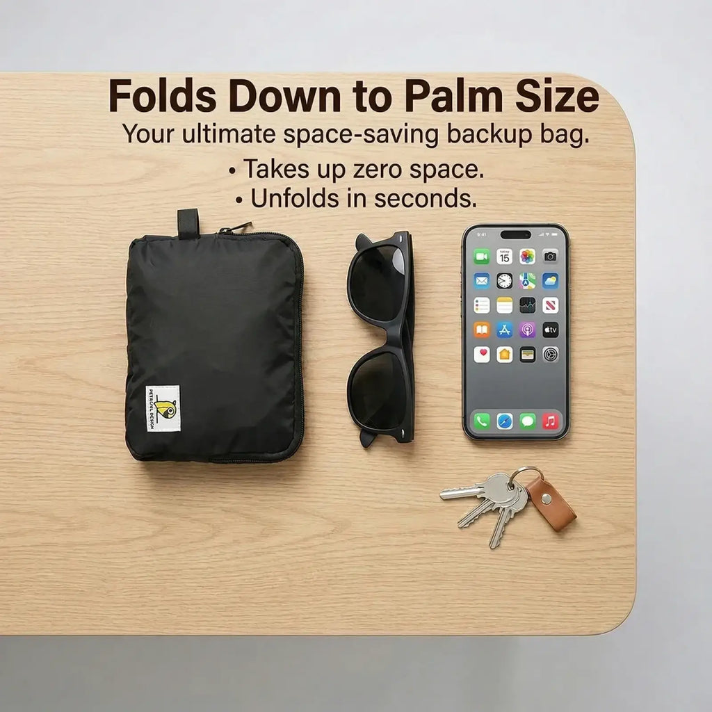 Black compact foldable travel duffel bag with large capacity and small white logo patch for versatile use