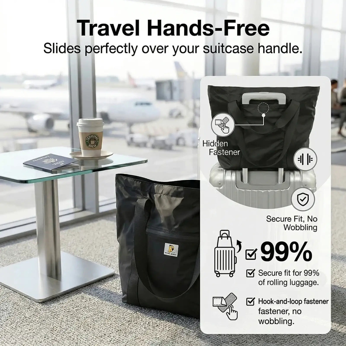 Black fabric luggage handle strap with hidden fastener and hook-and-loop closure on foldable travel duffel bag