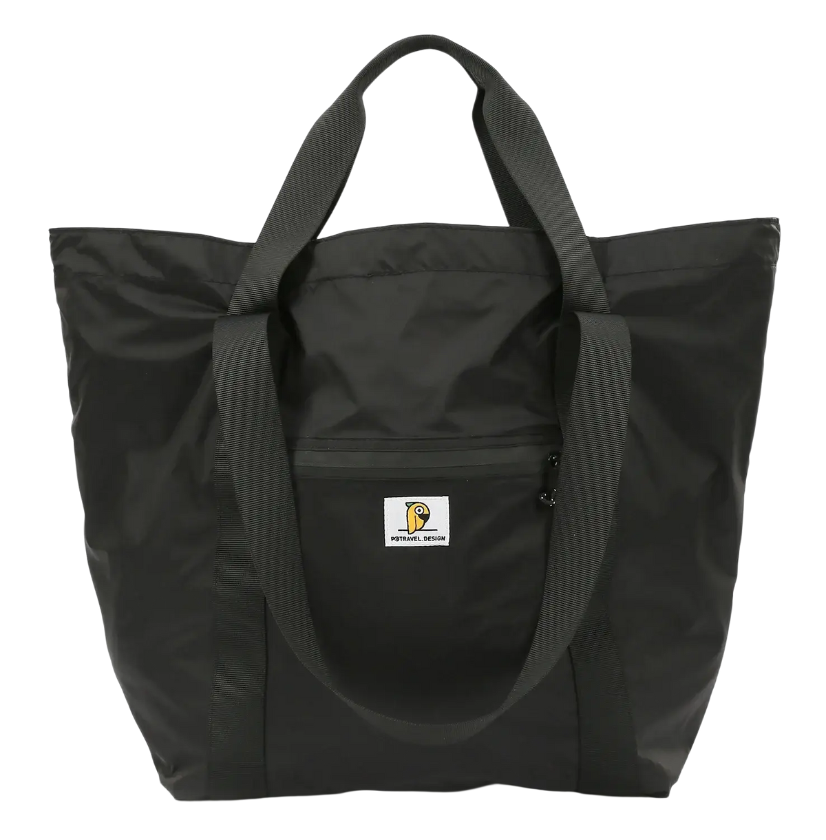 Black nylon foldable travel duffel bag tote with reinforced handles and front zippered pocket with white logo patch