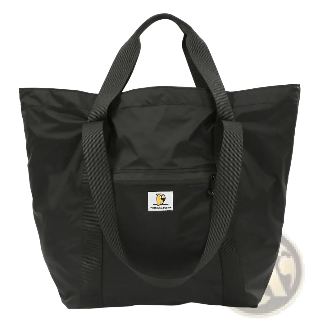 Black nylon foldable travel duffel bag tote with reinforced handles and front zippered pocket with white logo patch