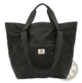 Black nylon foldable travel duffel bag tote with reinforced handles and front zippered pocket with white logo patch
