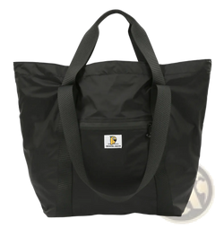 Black nylon foldable travel duffel bag tote with reinforced handles and front zippered pocket with white logo patch