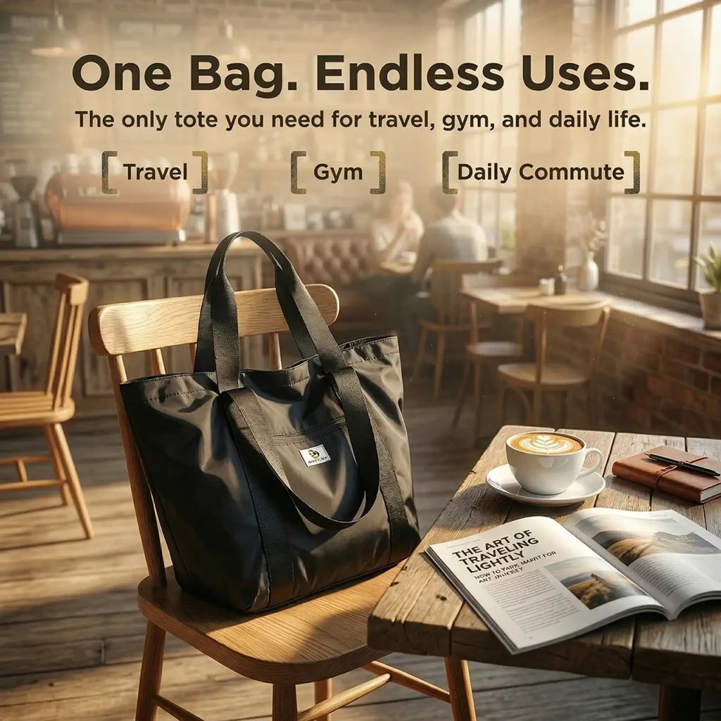 Black nylon foldable travel duffel bag large capacity tote with sturdy handles and small branded patch on front