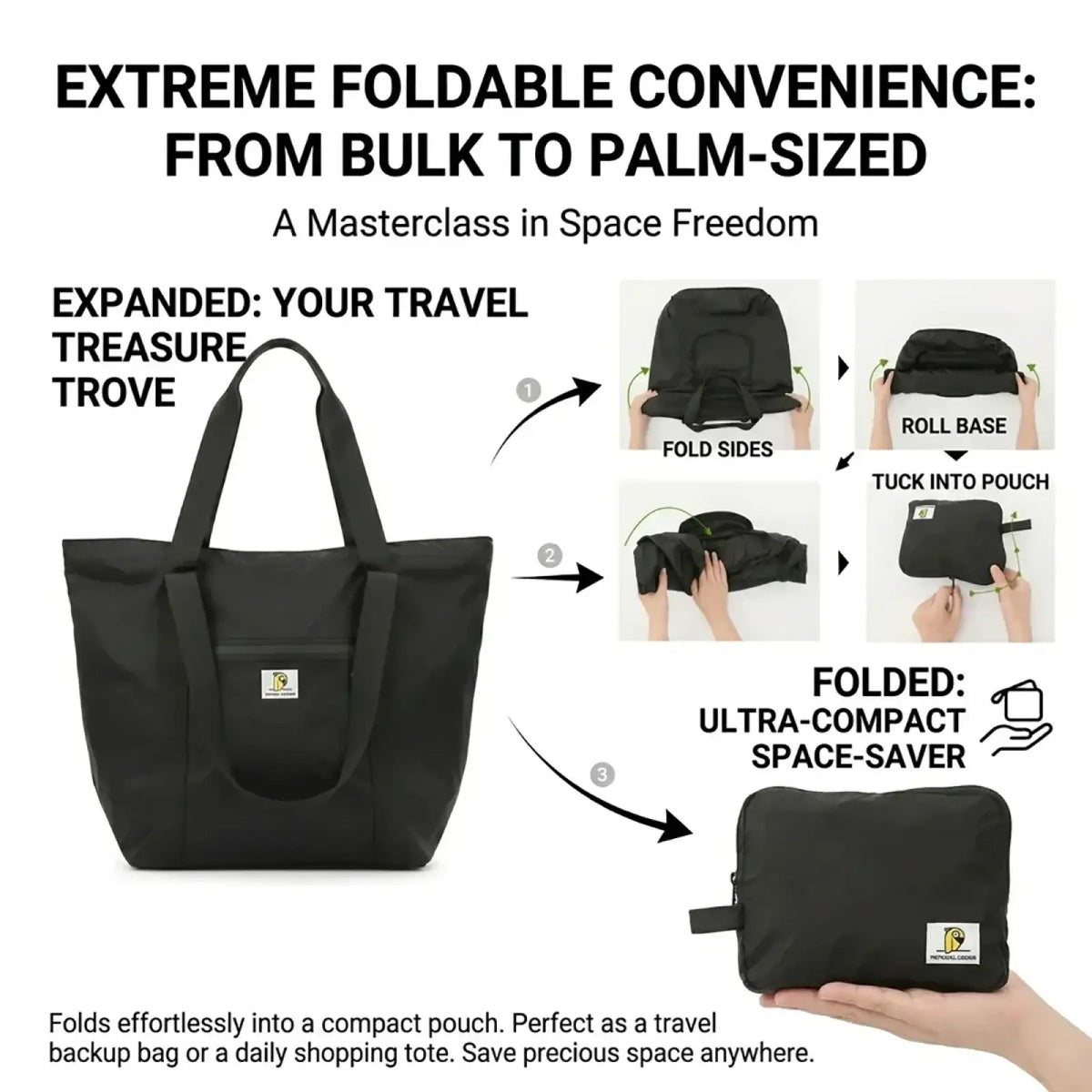 Black foldable travel duffel bag large capacity tote transforming from bulk bag to ultra-compact pouch