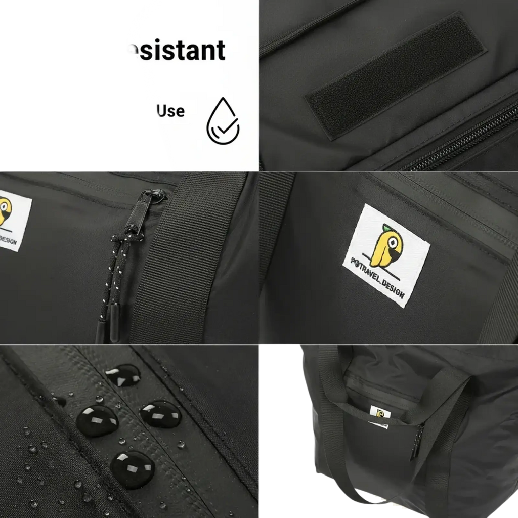Black water-resistant foldable travel duffel bag with large capacity, yellow parrot logo, and reinforced zipper details