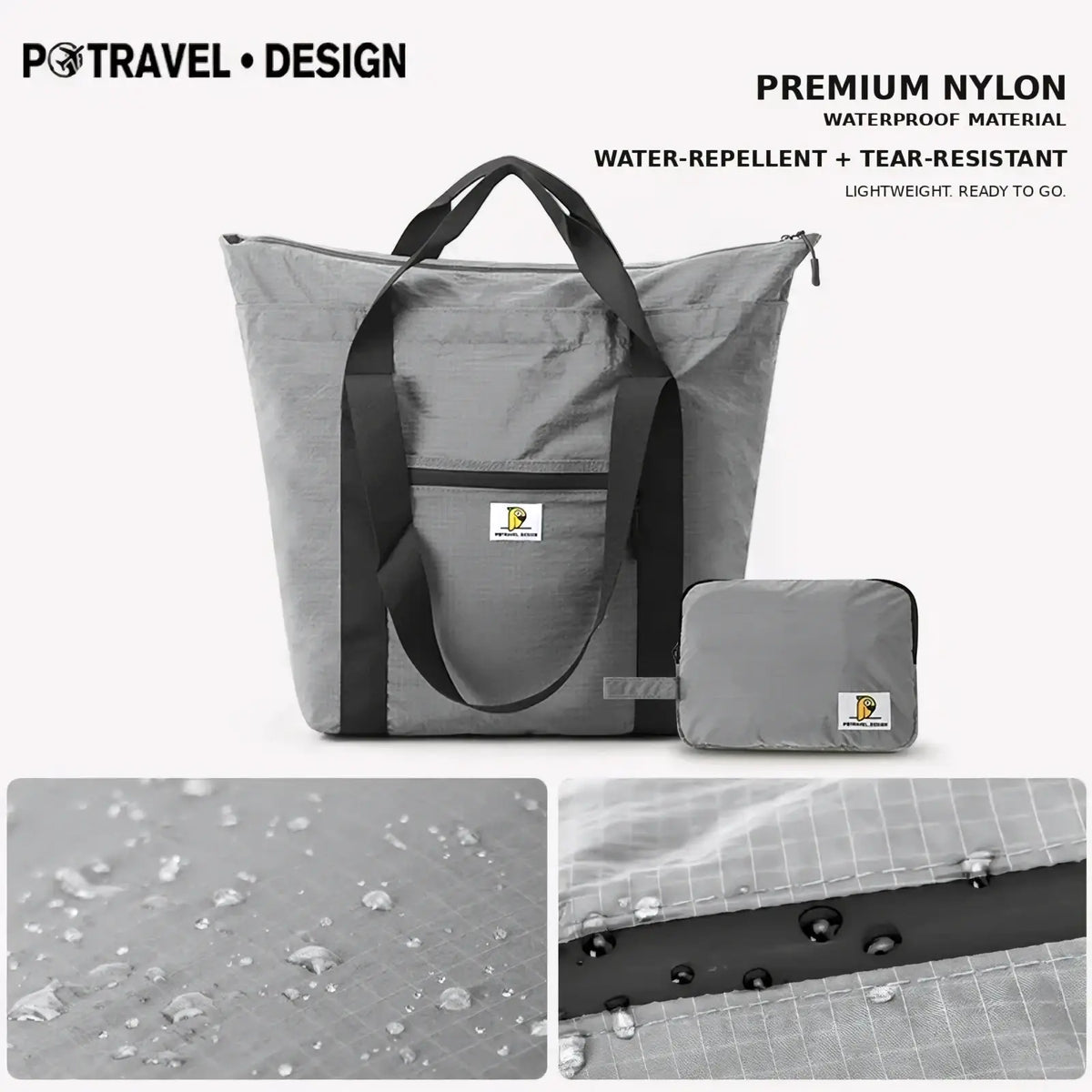 Foldable travel duffel bag large capacity tote in gray premium waterproof nylon with black handles and compact folded version