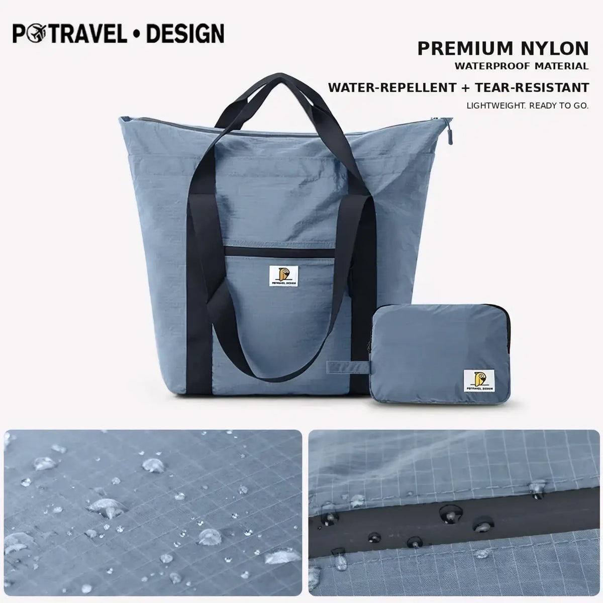 Light blue premium nylon foldable travel duffel bag with large capacity black handles and trim for convenient travel