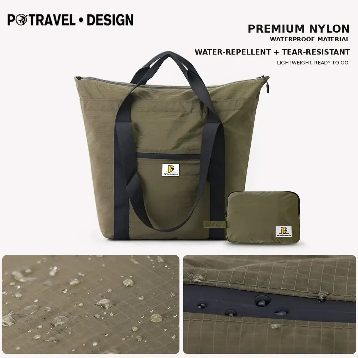 Olive green foldable travel duffel bag made of premium waterproof nylon with black straps and compact folded version