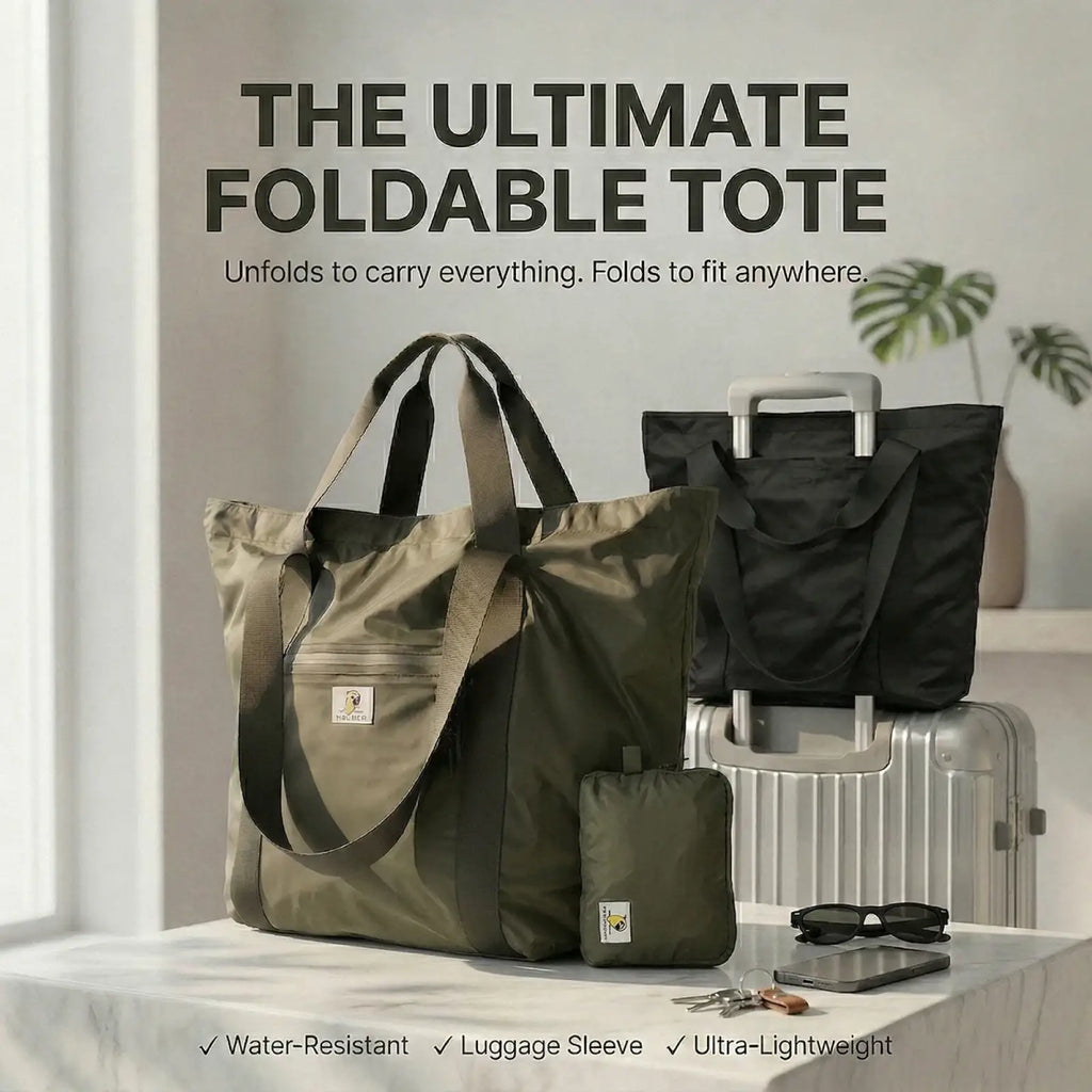 Olive green foldable travel duffel bag with large capacity sturdy handles and a small front pocket for convenience
