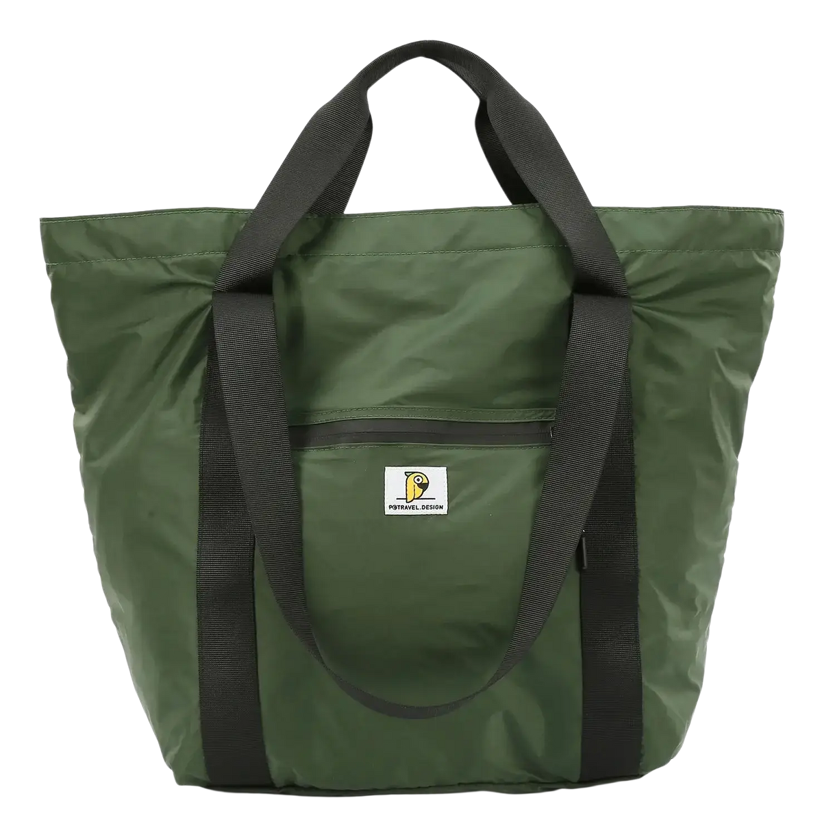 Foldable travel duffel bag large capacity tote in olive green portavel with black webbing handles and front brand logo pocket