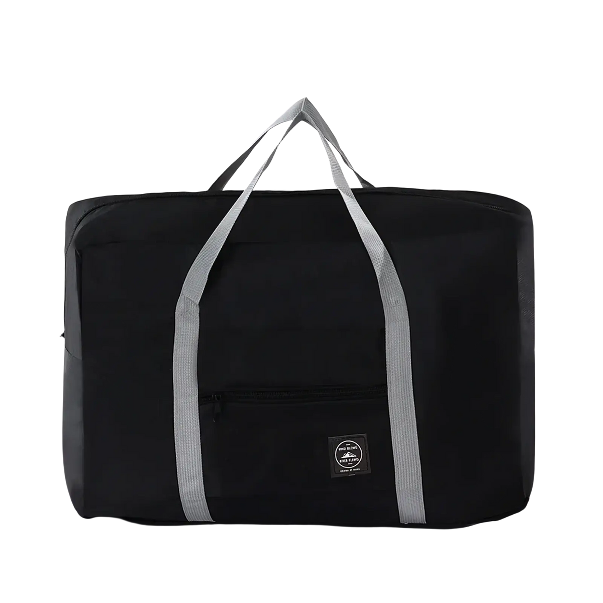 Black foldable travel duffel bag with gray reinforced handles and small logo patch for large women luggage use
