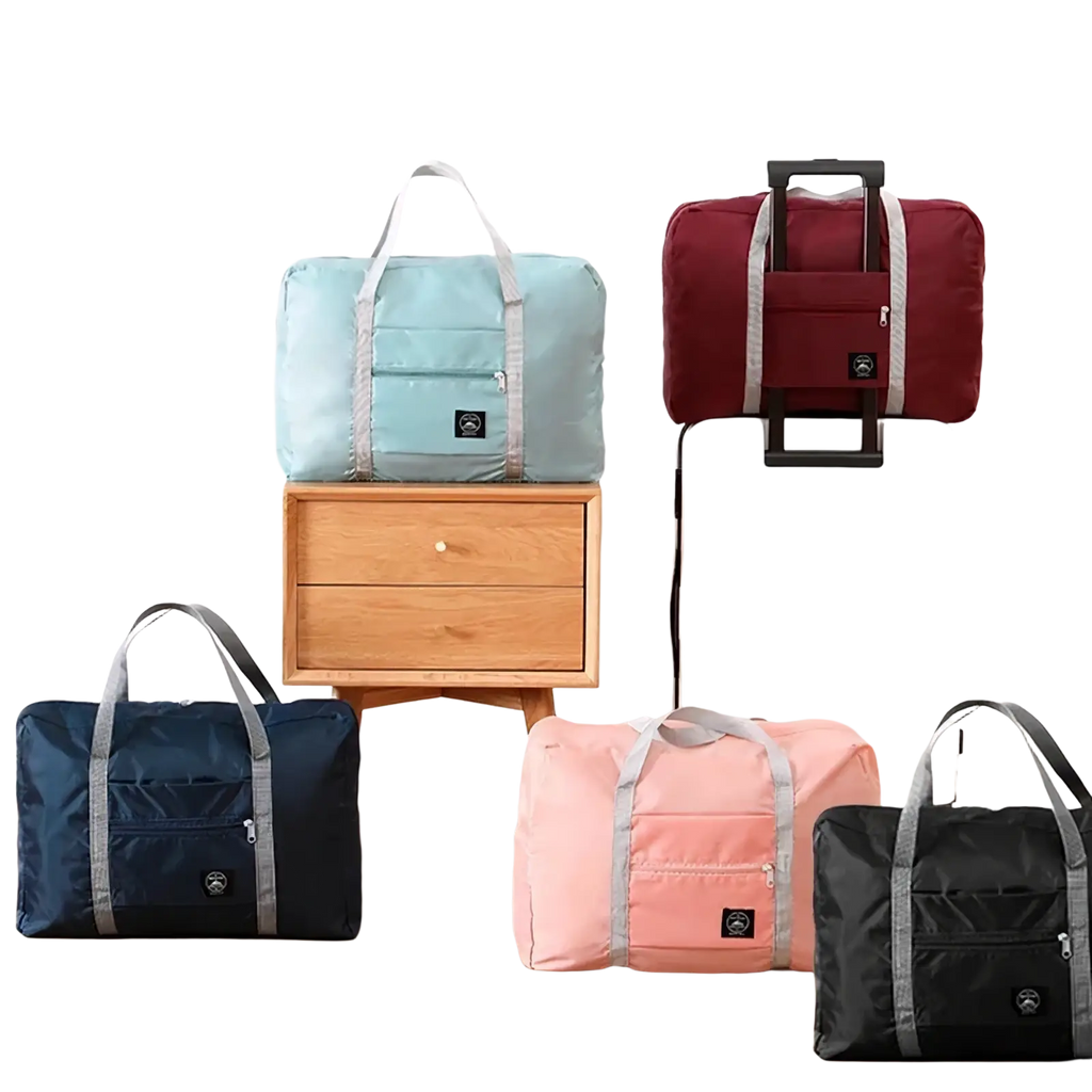 A compact foldable travel duffel bag large for women in light blue with gray reinforced straps and a black logo patch
