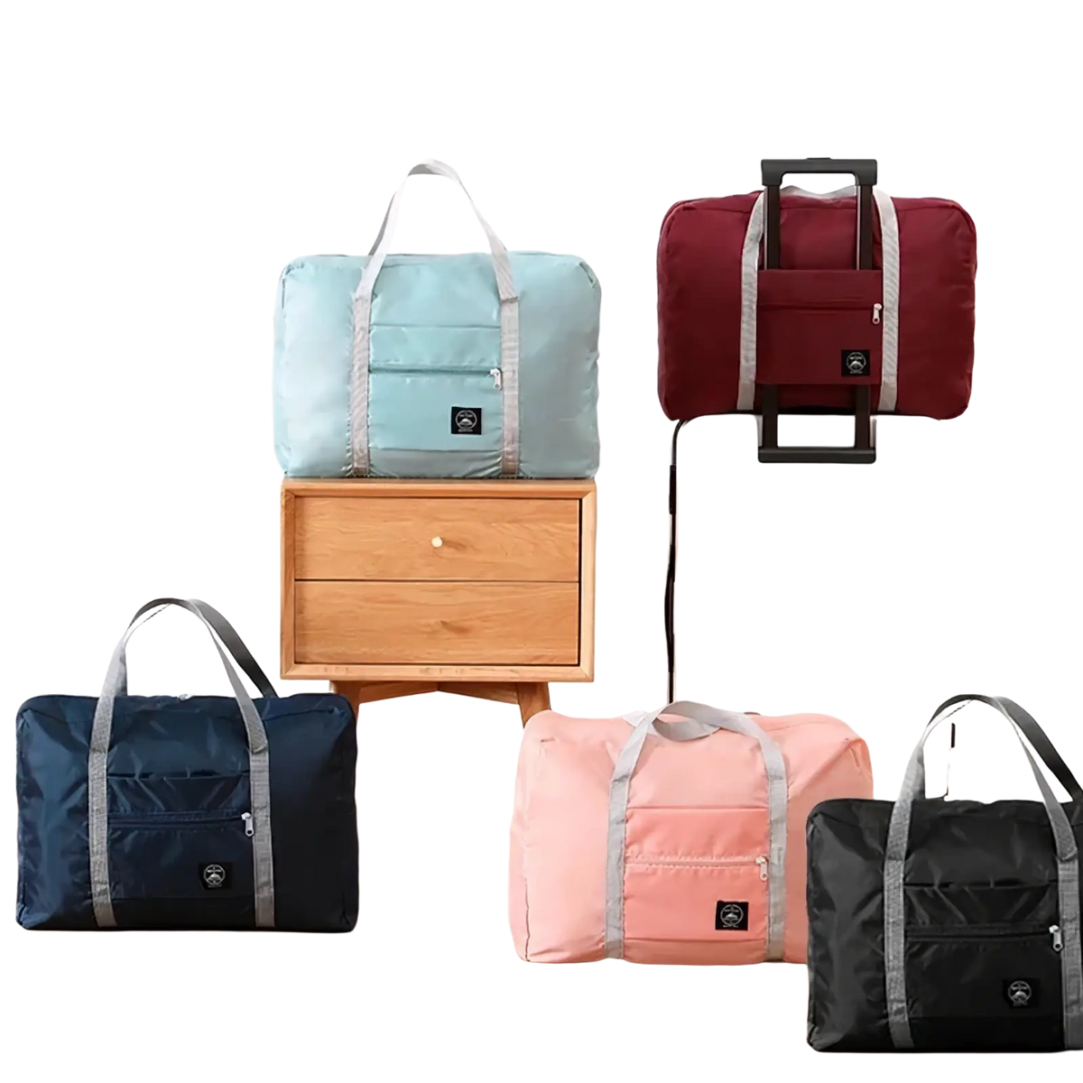 A compact foldable travel duffel bag large for women in light blue with gray reinforced straps and a black logo patch