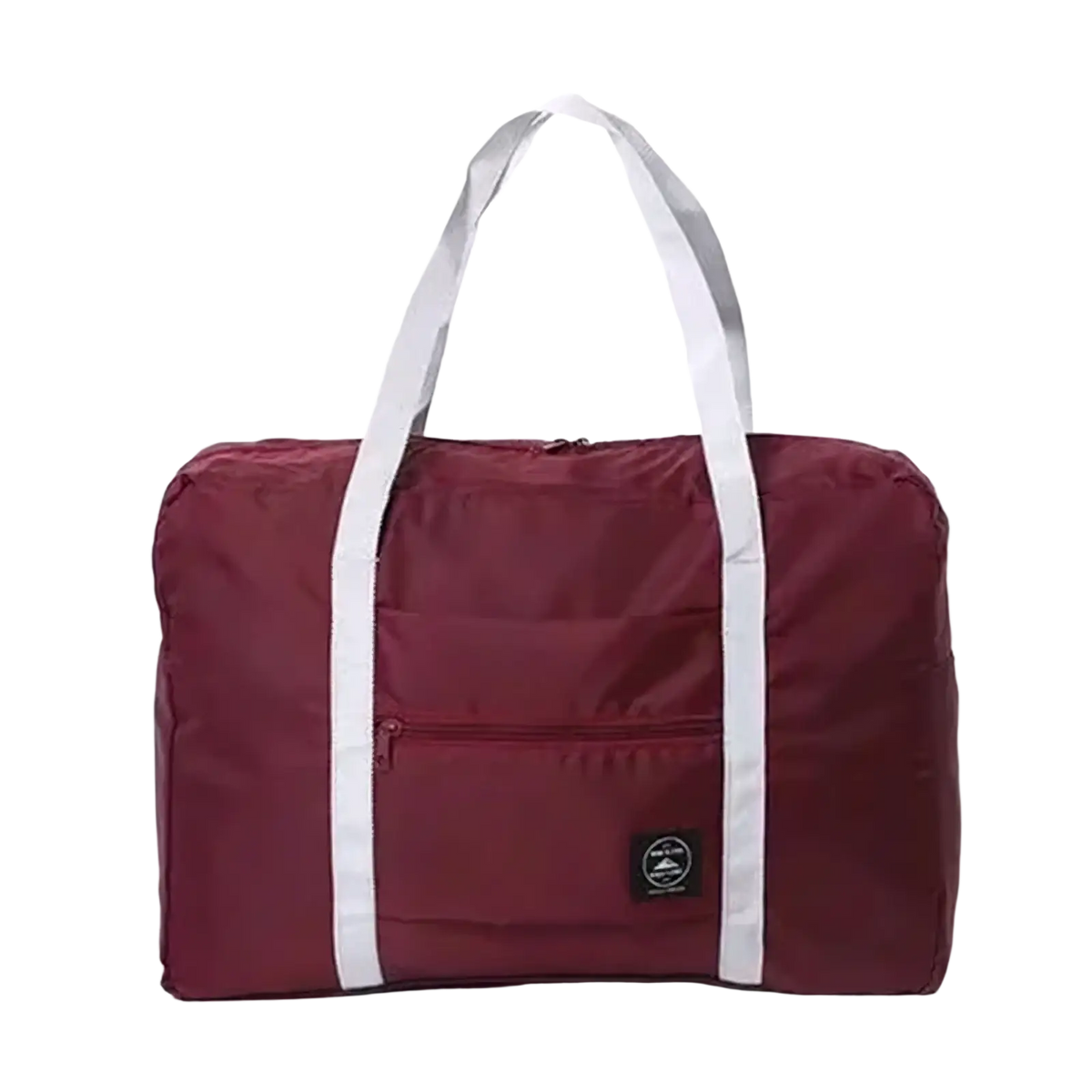 Maroon foldable travel duffel bag with white reinforced handles and front zippered pocket for women luggage