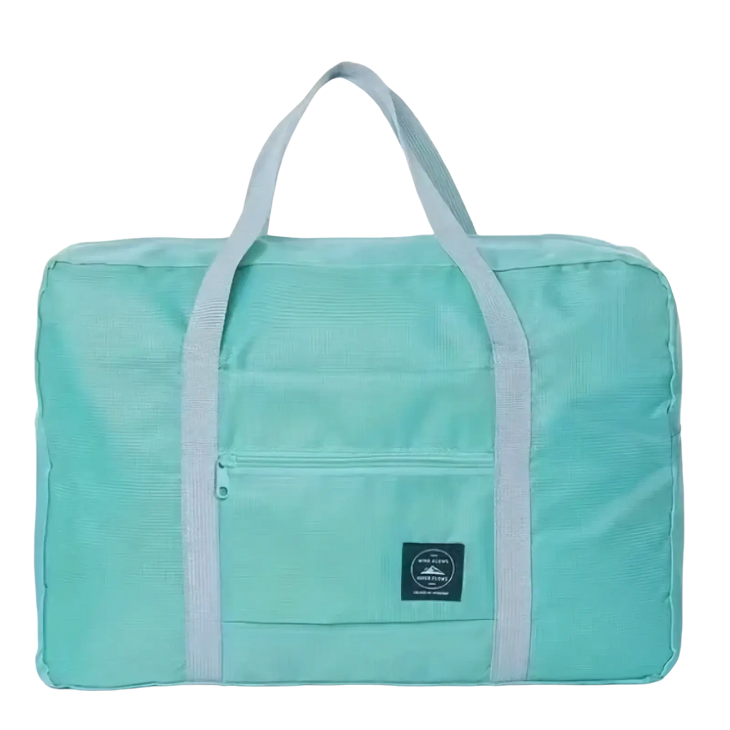 A mint green foldable travel duffel bag with light gray handles and front zippered pocket for women luggage