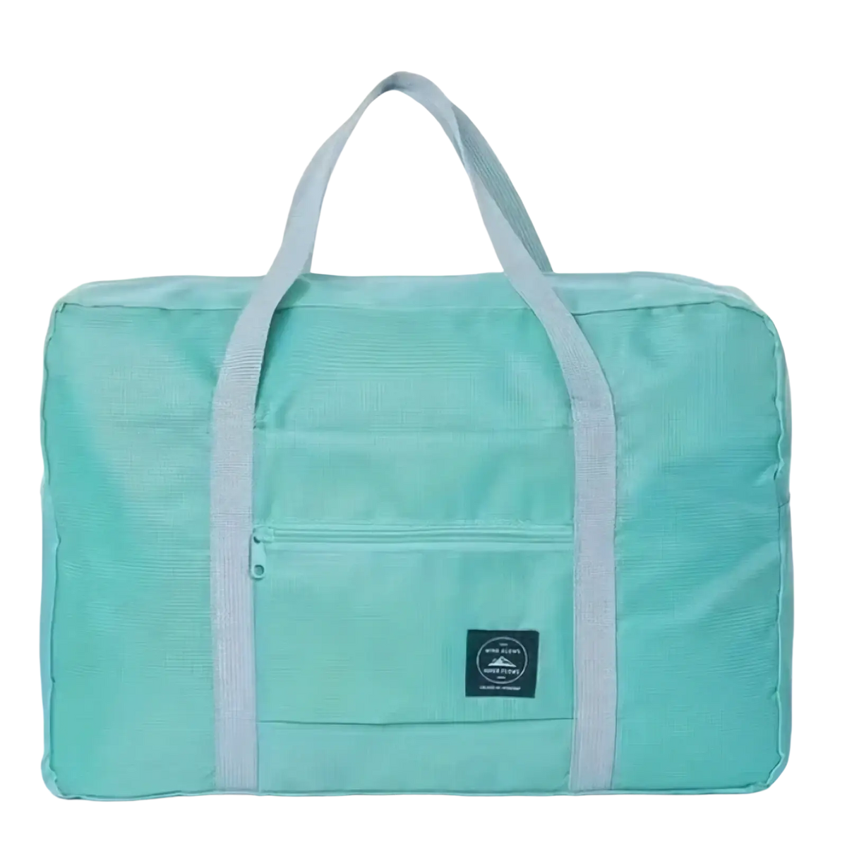 A mint green foldable travel duffel bag with light gray handles and front zippered pocket for women luggage