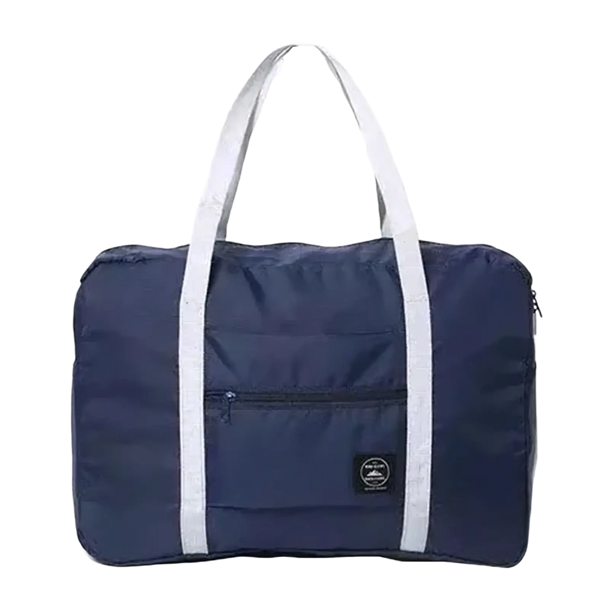 Navy blue foldable travel duffel bag with white fabric handles and front zippered pocket for large women luggage