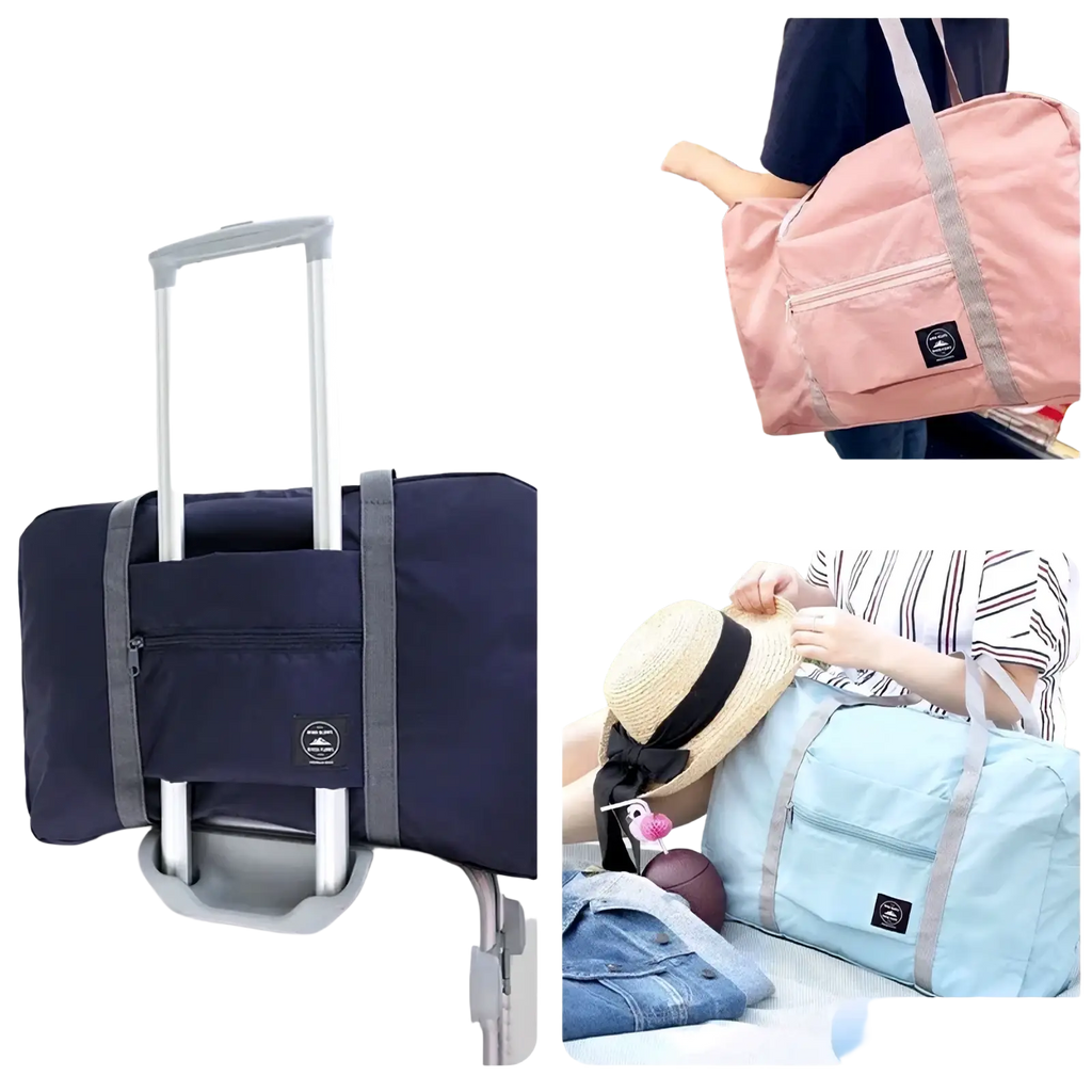 Navy blue foldable travel duffel bag with gray straps and black logo patch designed for large women luggage use