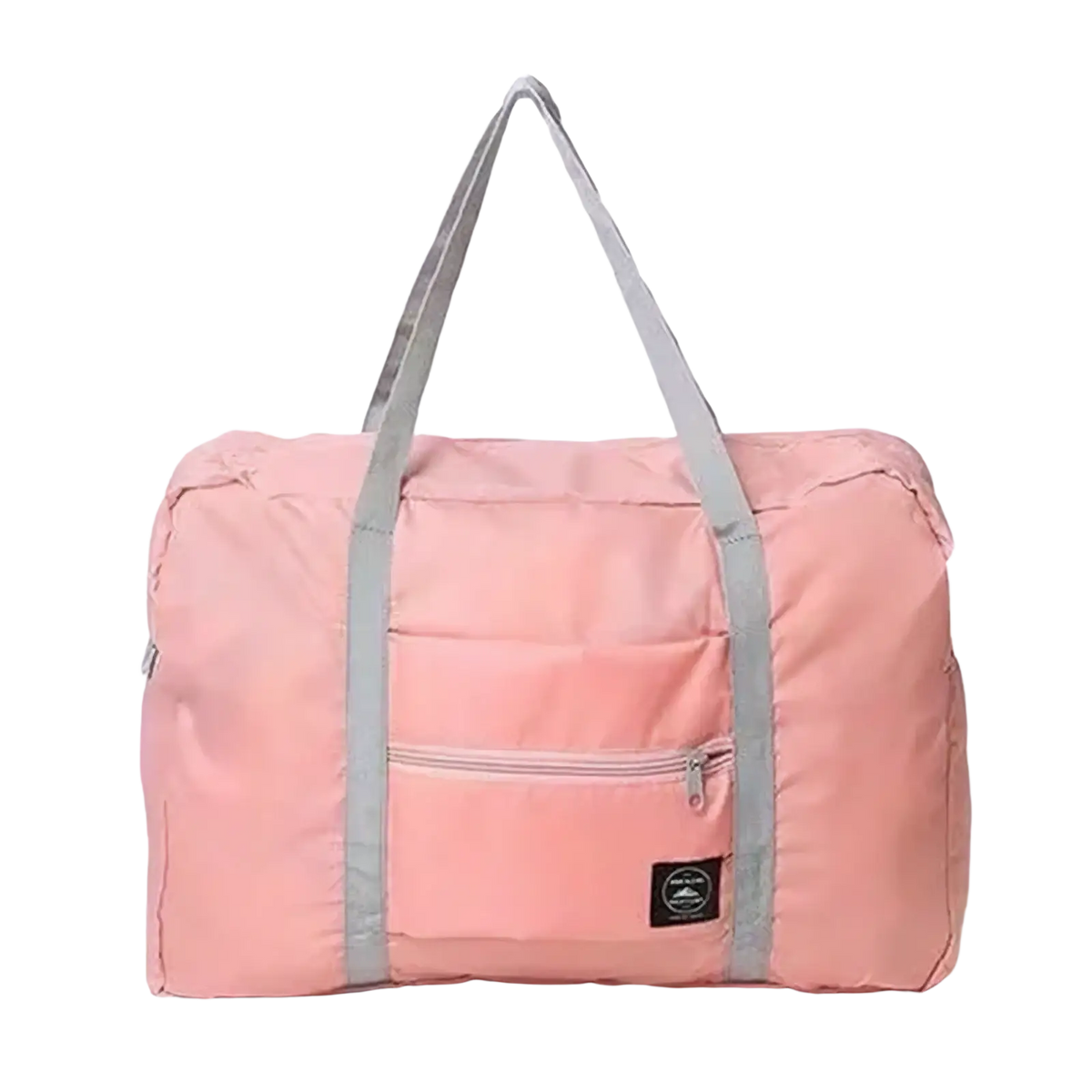 Foldable travel duffel bag large women luggage in pink with gray straps and front zippered pocket for easy packing