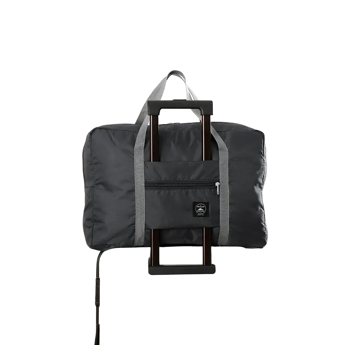 Black foldable travel duffel bag with gray straps and retractable handle lightweight for convenient carry