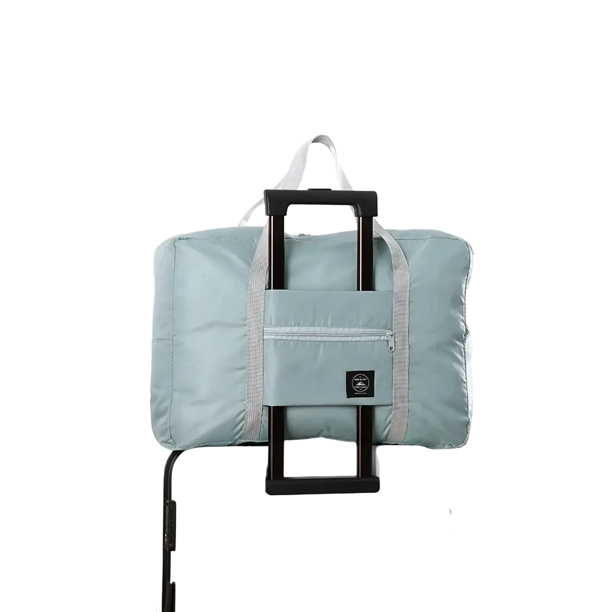 Light blue foldable travel duffel bag with gray straps and front pocket lightweight carry for easy packing