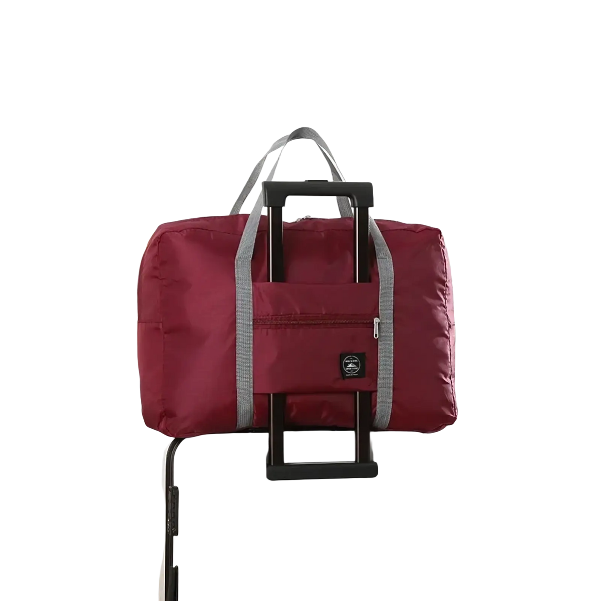 Maroon foldable travel duffel bag with gray reinforced straps and black retractable handle lightweight carry