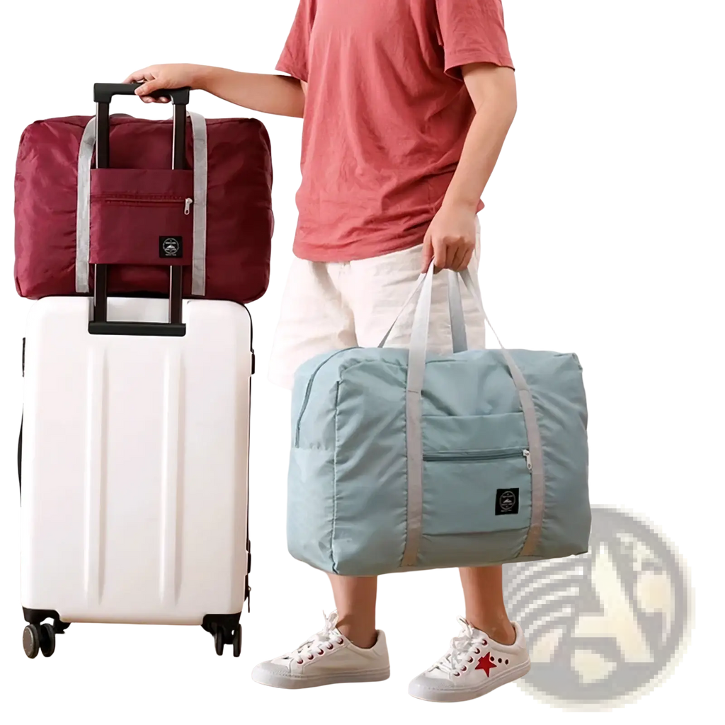 Foldable travel duffel bag lightweight carry in maroon and light blue with gray straps and compact portable design