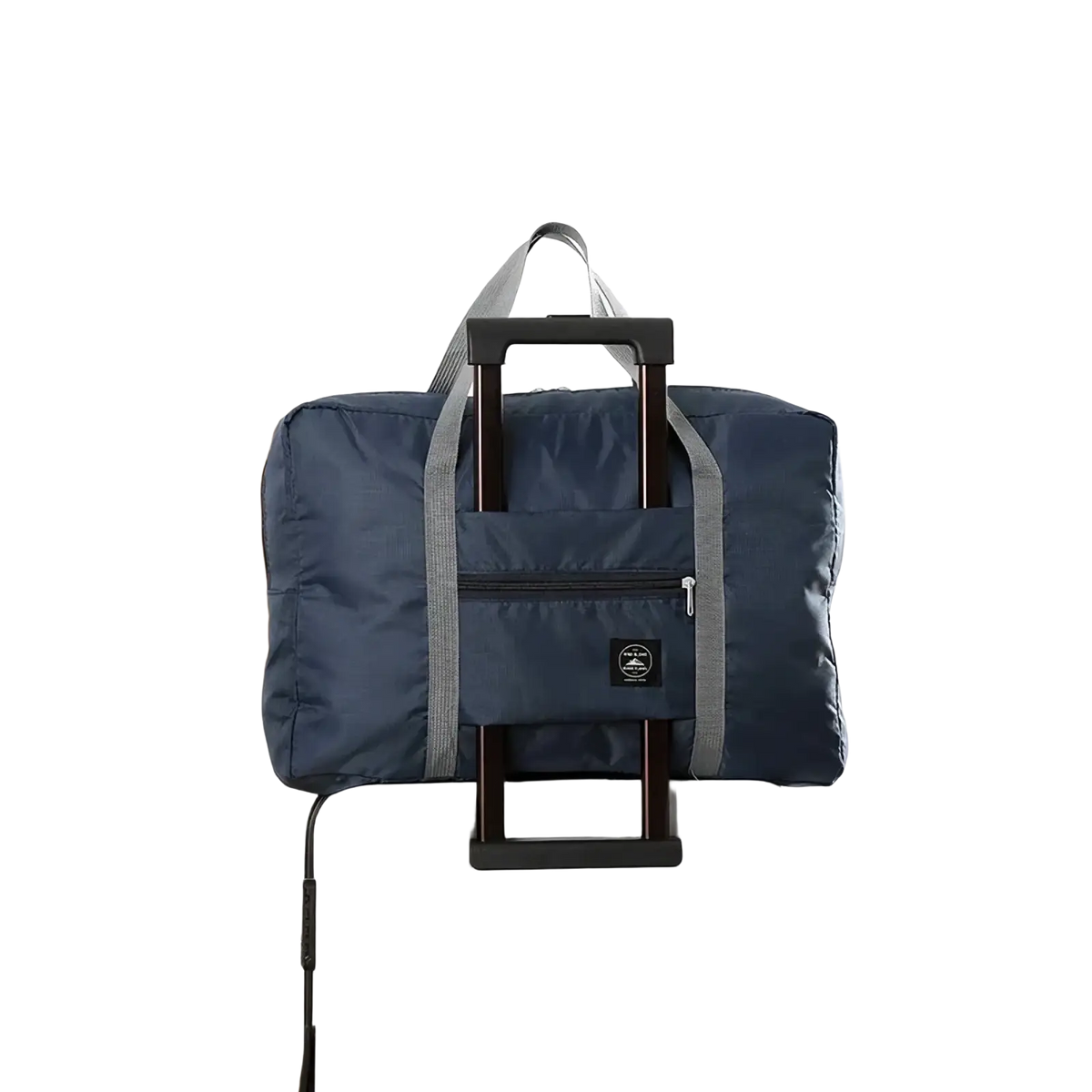 Navy blue foldable travel duffel bag with gray straps and retractable handle lightweight carry option