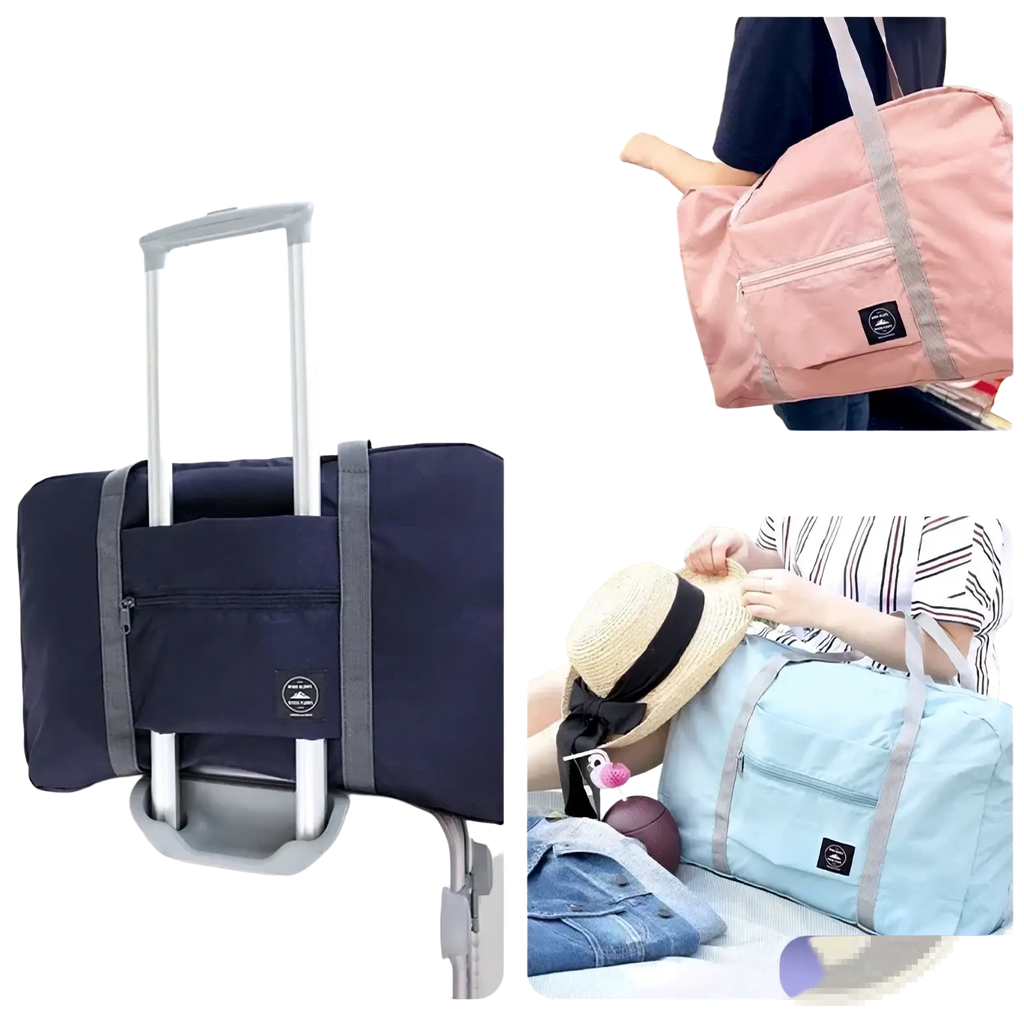 Foldable travel duffel bag lightweight navy blue with gray straps and black logo patch for versatile use