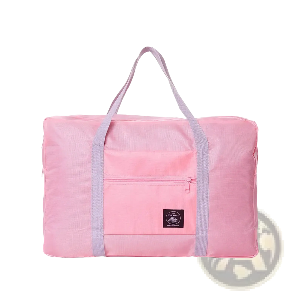 Pink foldable travel duffel bag lightweight carry with gray handles front zippered pocket and black brand patch