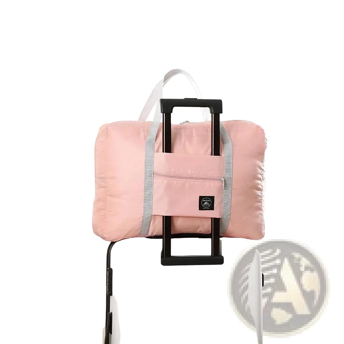 Foldable travel duffel bag lightweight carry in pink with gray trim and black handle attachment for easy portability