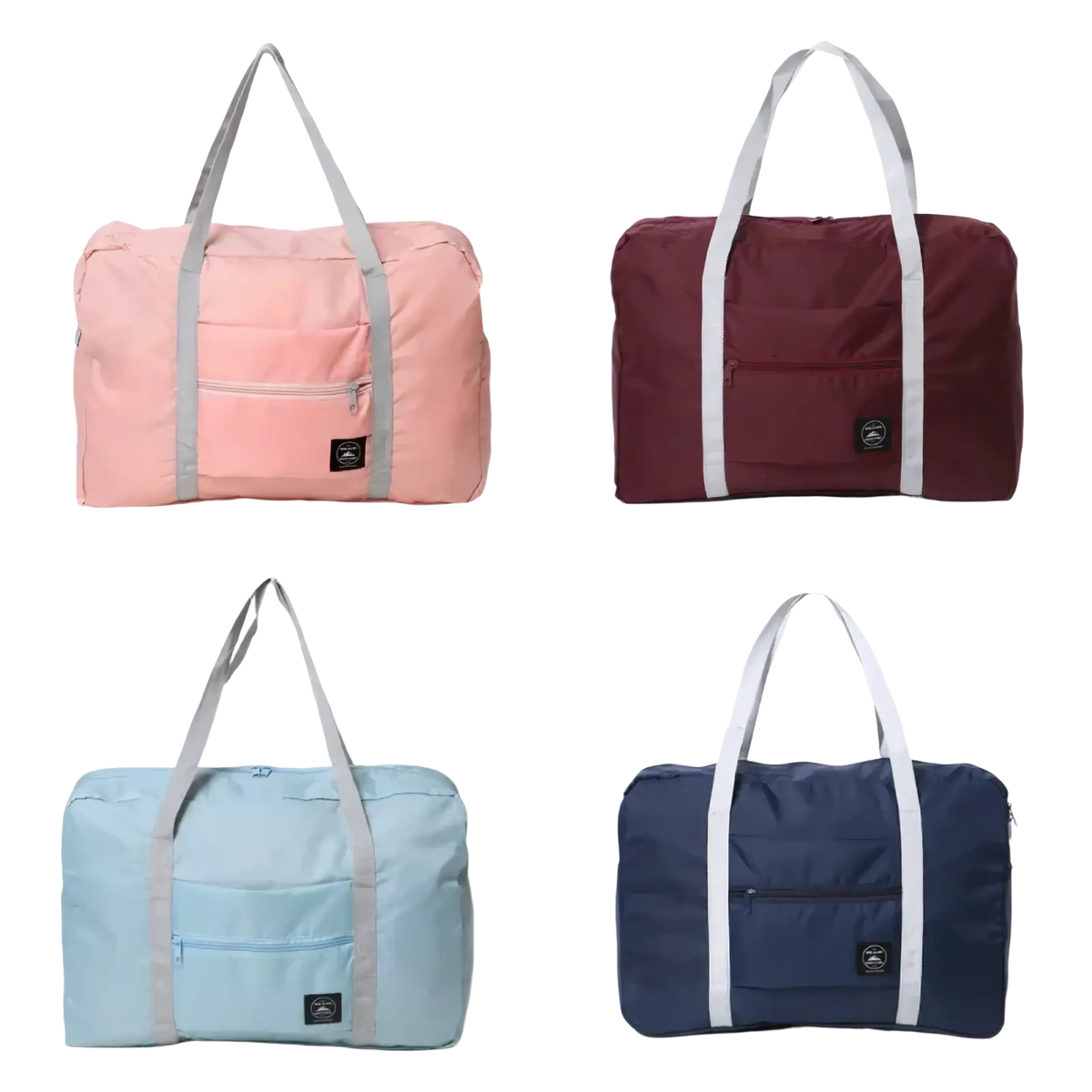 Foldable travel duffel bags lightweight carry in pink maroon light blue and navy with contrasting gray and white handles