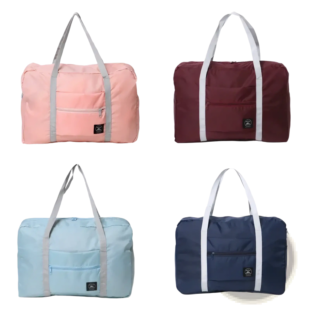 Foldable travel duffel bags lightweight carry in pink maroon light blue and navy with contrasting gray and white handles