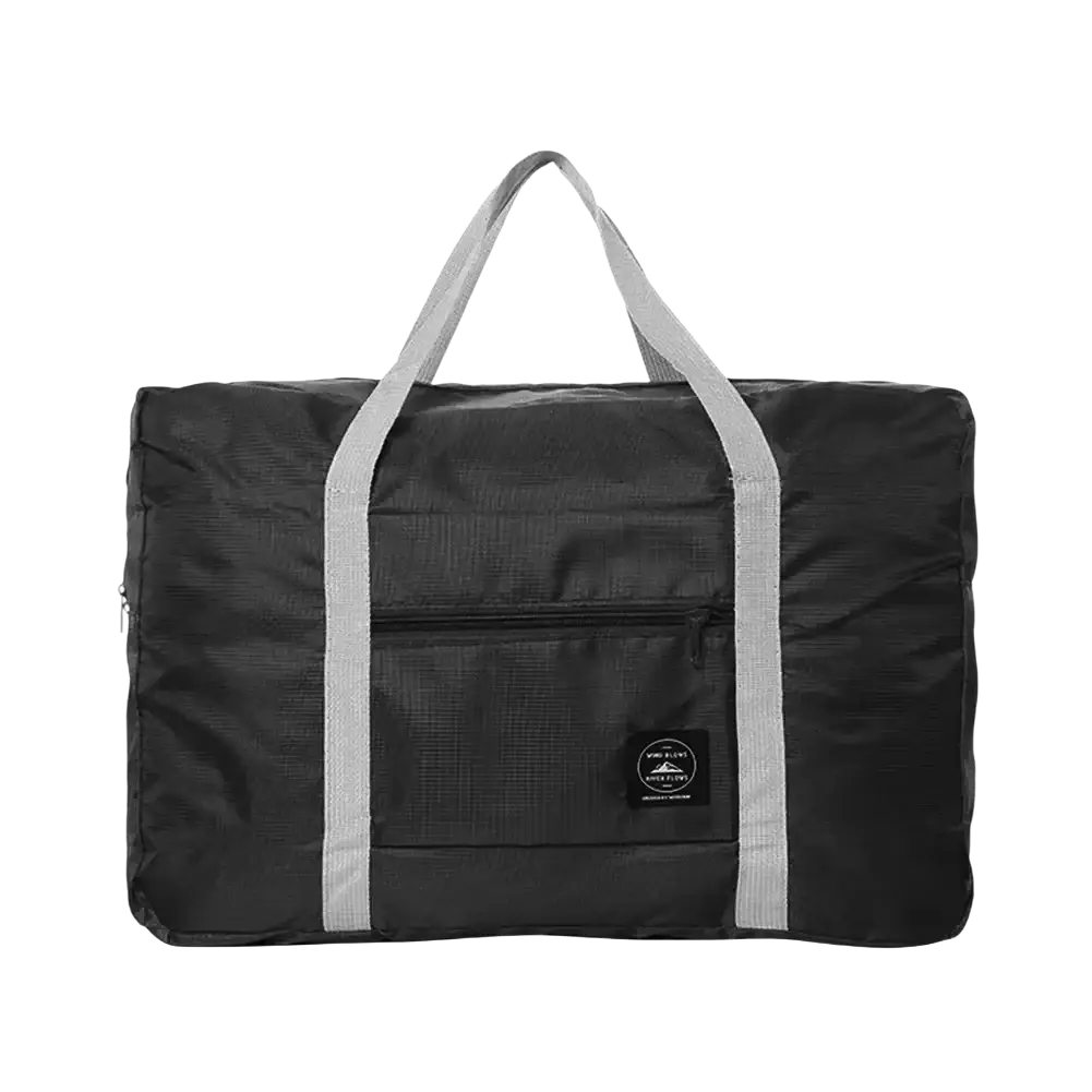 Black foldable travel duffel bag with gray reinforced handles and a subtle textured fabric finish for waterproof use
